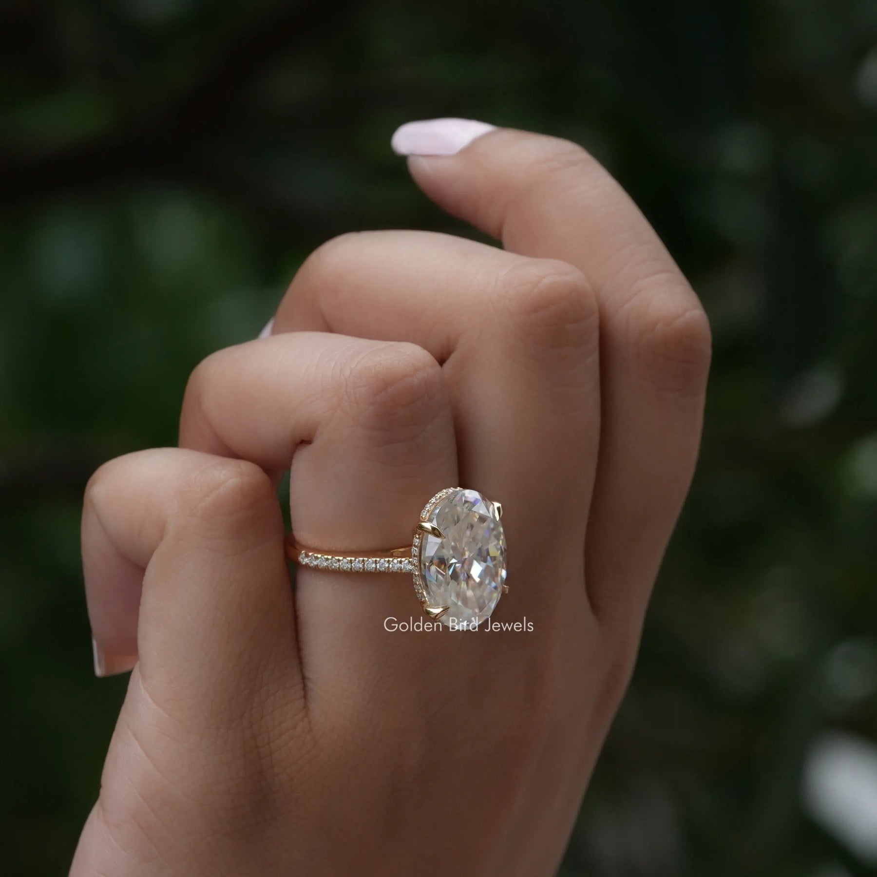[Hidden Halo Oval Cut Moissanite Engagement Ring]-[Golden Bird Jewels]
