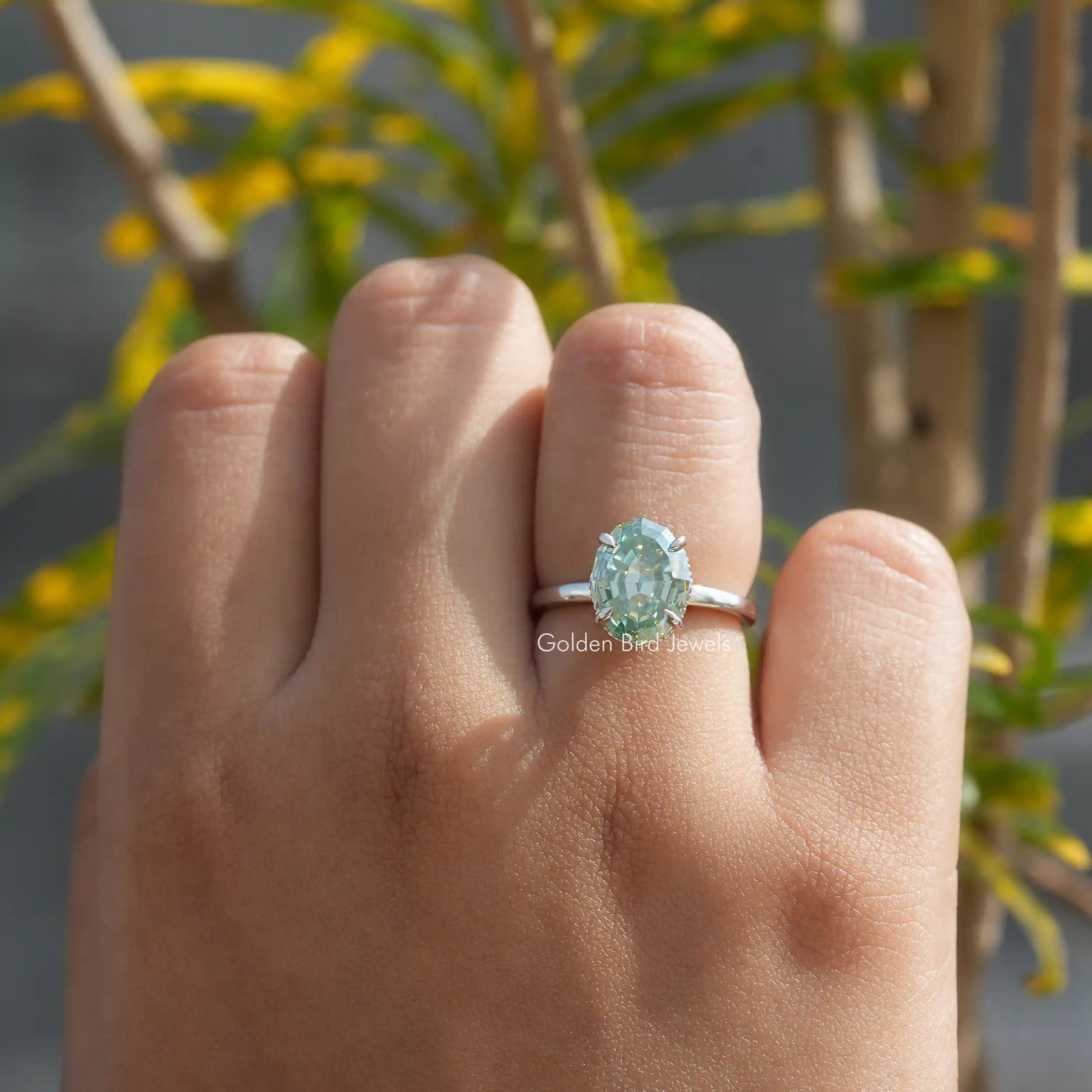 [Blue Oval Cut Moissanite Solitaire Engagement Ring]-[Golden Bird Jewels]