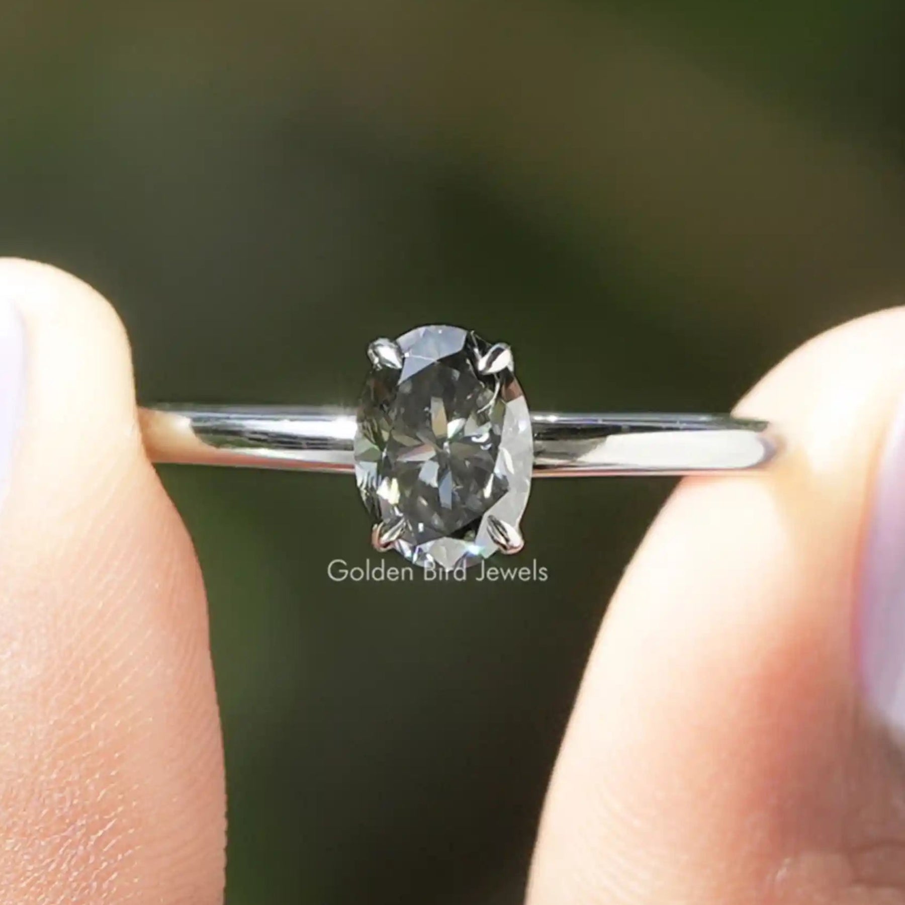 Gray Oval Cut Moissanite Solitaire Ring