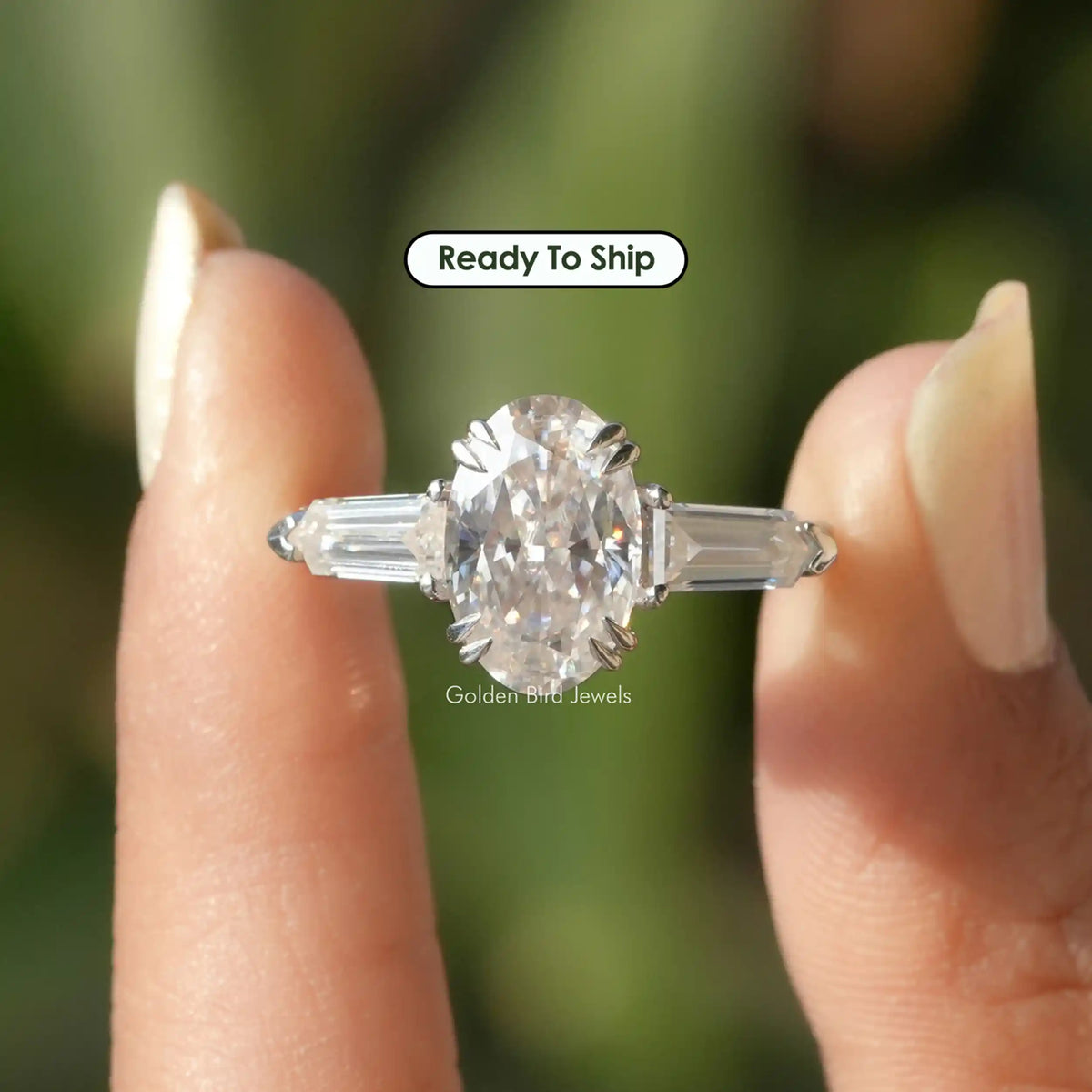 [Oval Moissanite And Bullet Cut Three Stone Ring]-[Golden Bird Jewels]
