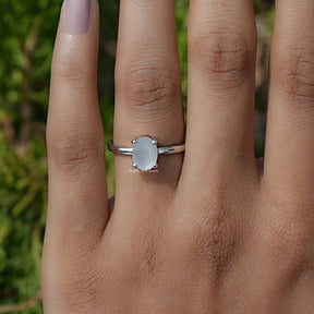 In Finger front view of Oval Moonstone Gemstone Engagement Ring In White Gold