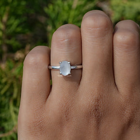View of oval moonstone gemstone solitaire engagement ring In White Gold