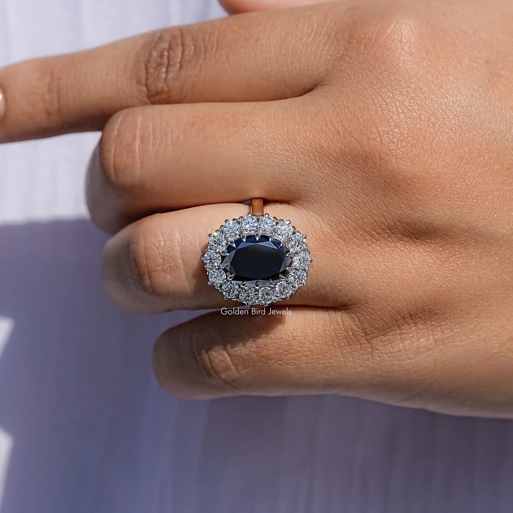 Black Oval Shape Moissanite Halo Engagement Ring