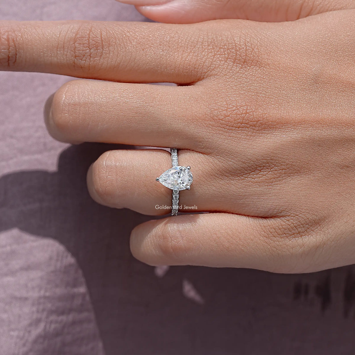 Pear Cut Moissanite Solitaire Accent Wedding Ring