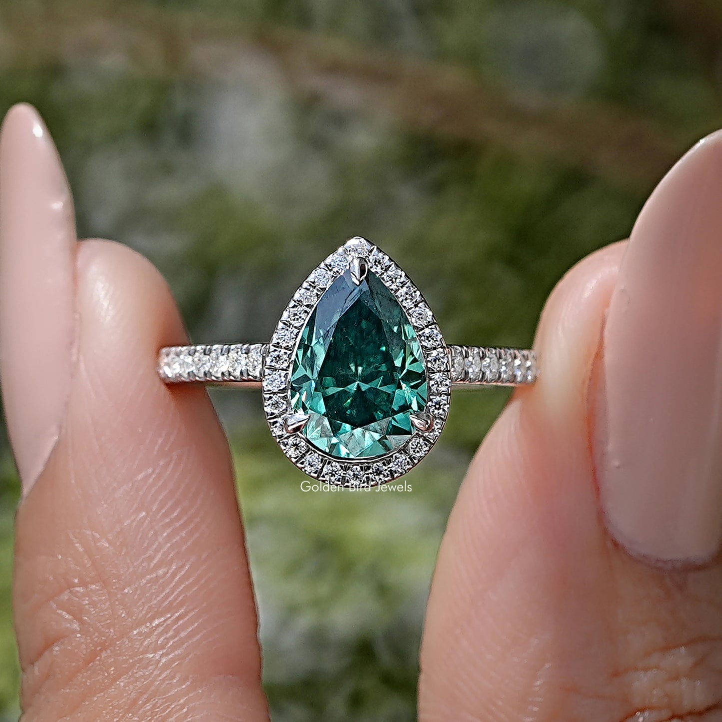 Green Pear Moissanite Gemstone Halo Accent Wedding Ring
