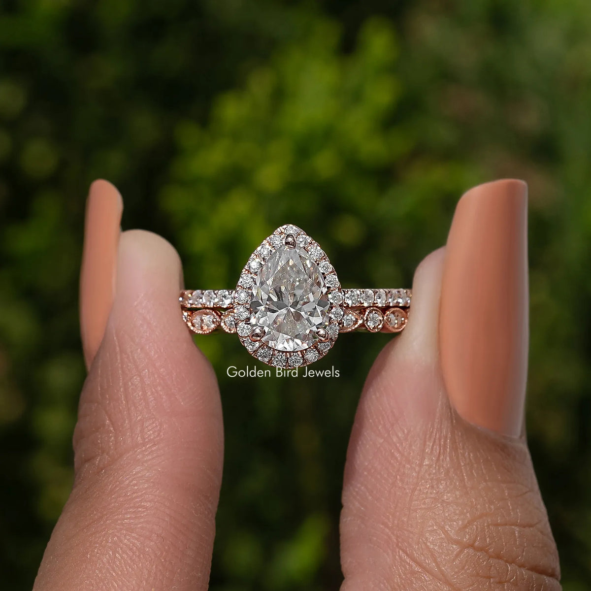 Pear Cut Moissanite Halo Bridal Ring Set