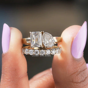 Front View of Pear And Criss Cut Ring With Matching Band In two Fingers
