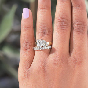 [Pear and criss cut toi moi moissanite ring with matching wedding band]-[Goldden Bird Jewels]