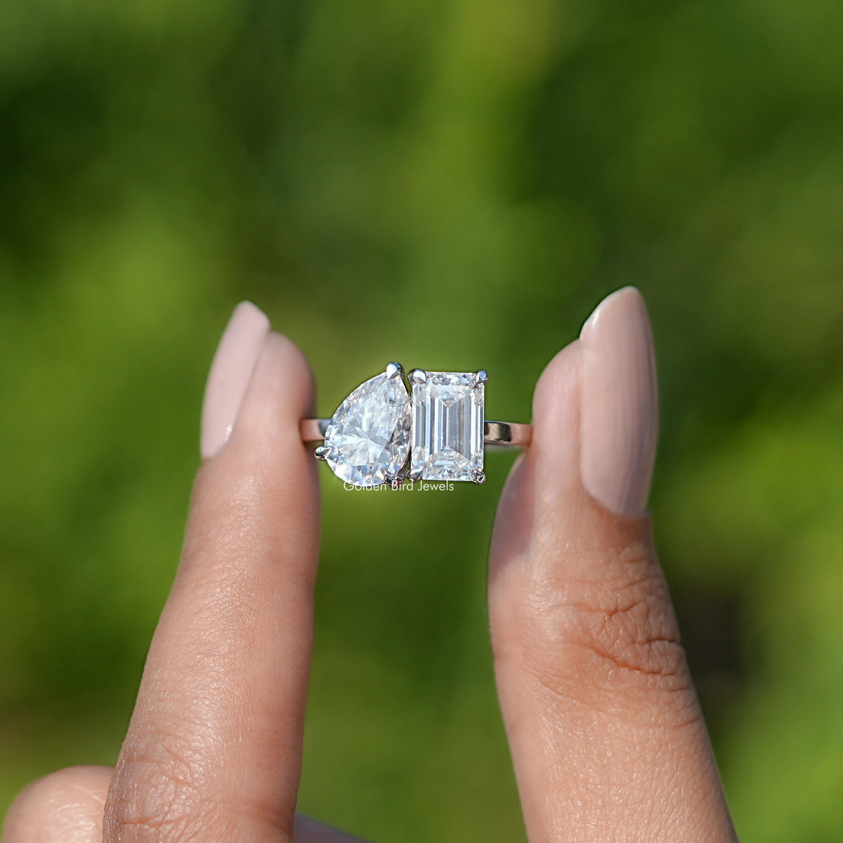 Pear And Emerald Cut Toi Et Moi Moissanite Ring