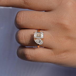 Pear And Emerald Cut Moissanite Two Stone Ring