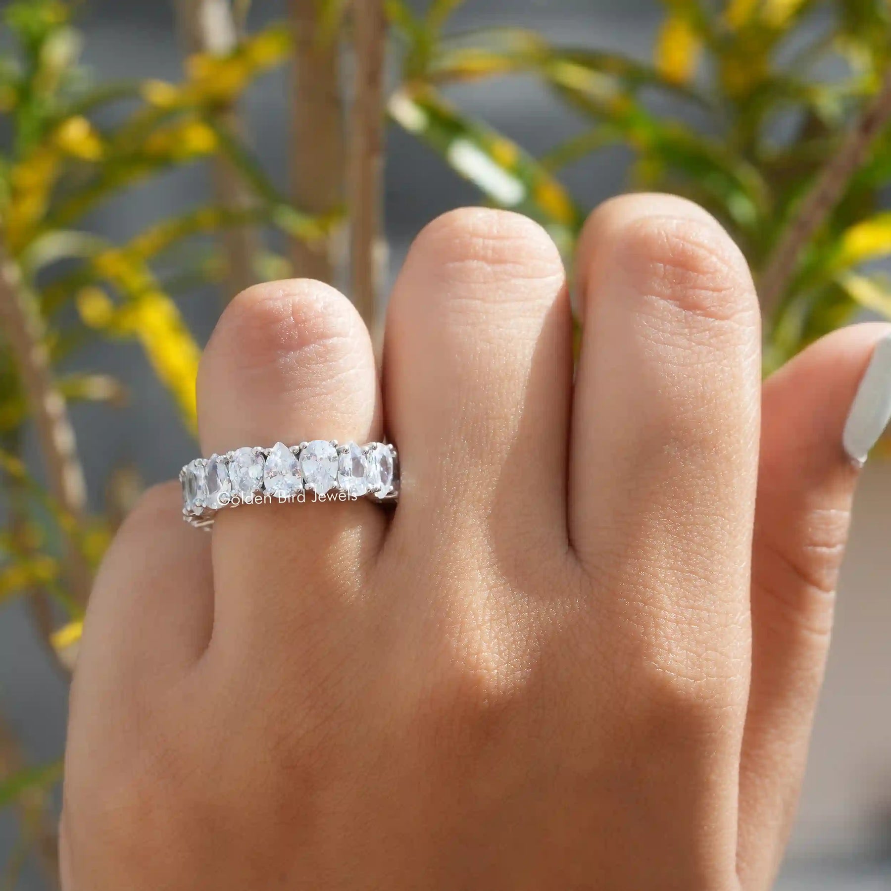 [This eternity band made of white gold and prong setting]-[Golden Bird Jewels]