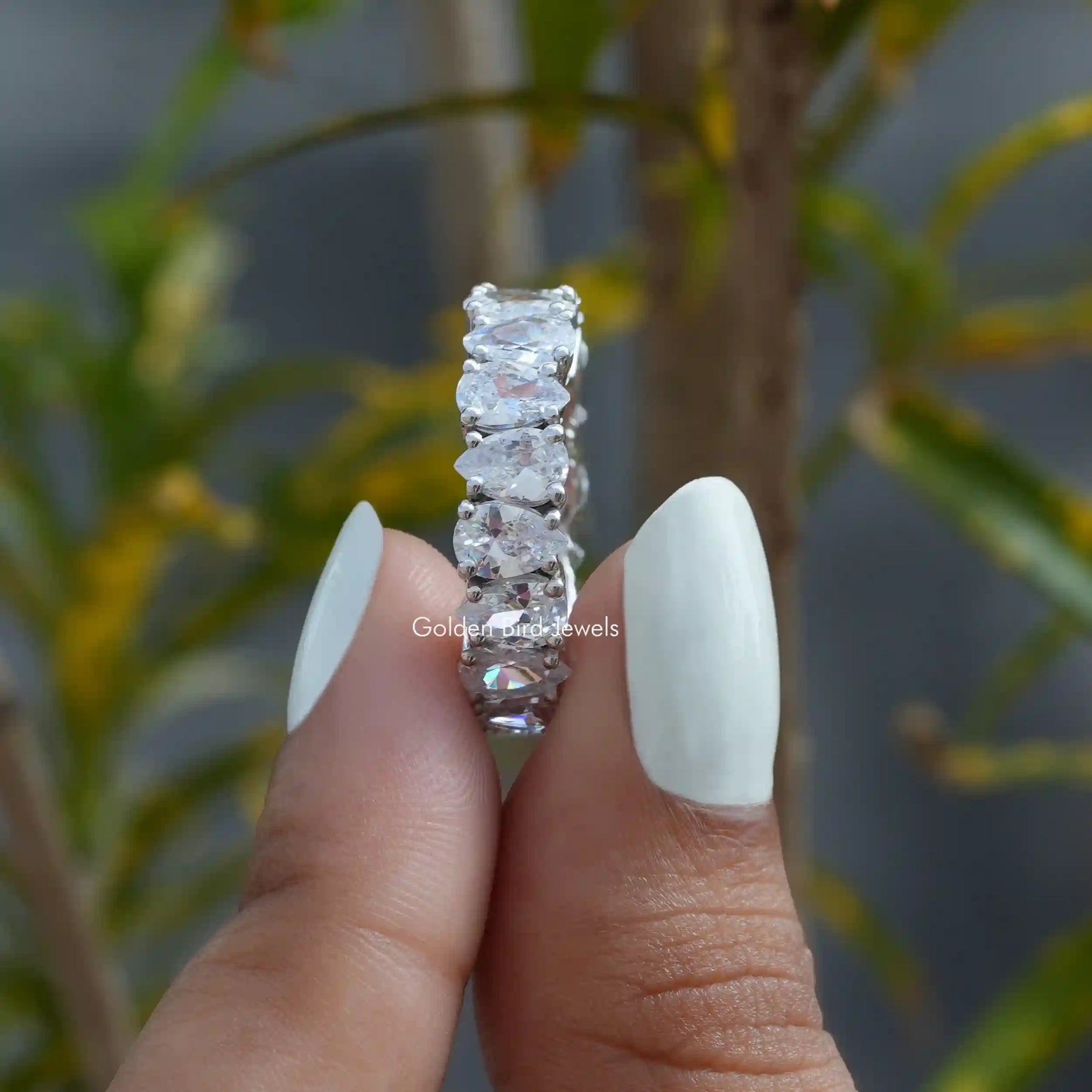 [In two finger front view of wedding eternity band made of white gold]-[Golden Bird Jewels]
