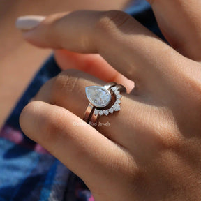 Close-Up View of Pear Cut Moissanite Bridal Ring Set In White Gold
