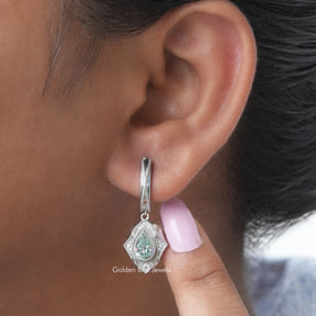 [Front view of moissanite pear and round cut dangle earrings]-[Golden Bird Jewels]