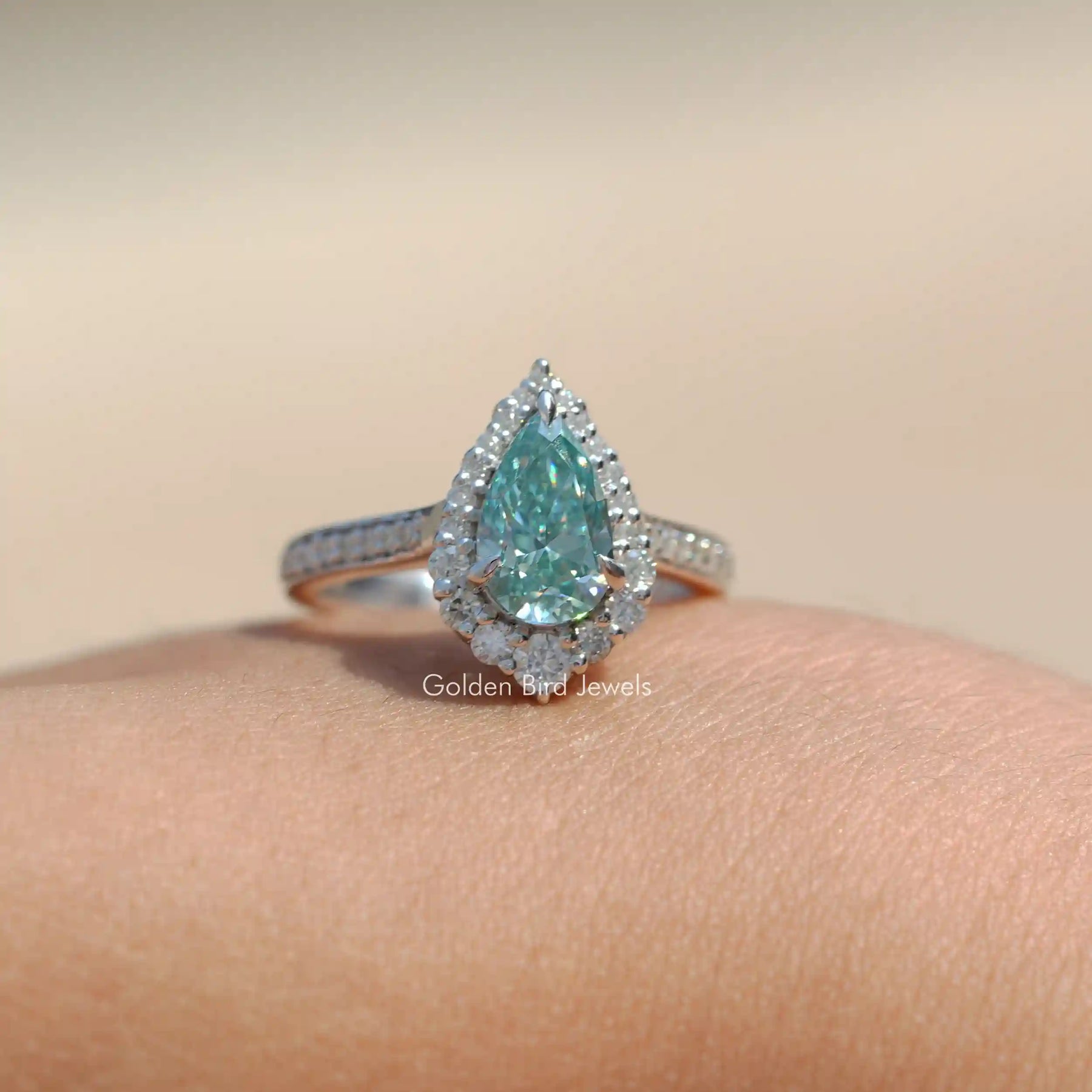 [Pear Cut Moissanite Engagement Ring Made In 18k White Gold]-[Golden Bird Jewels]