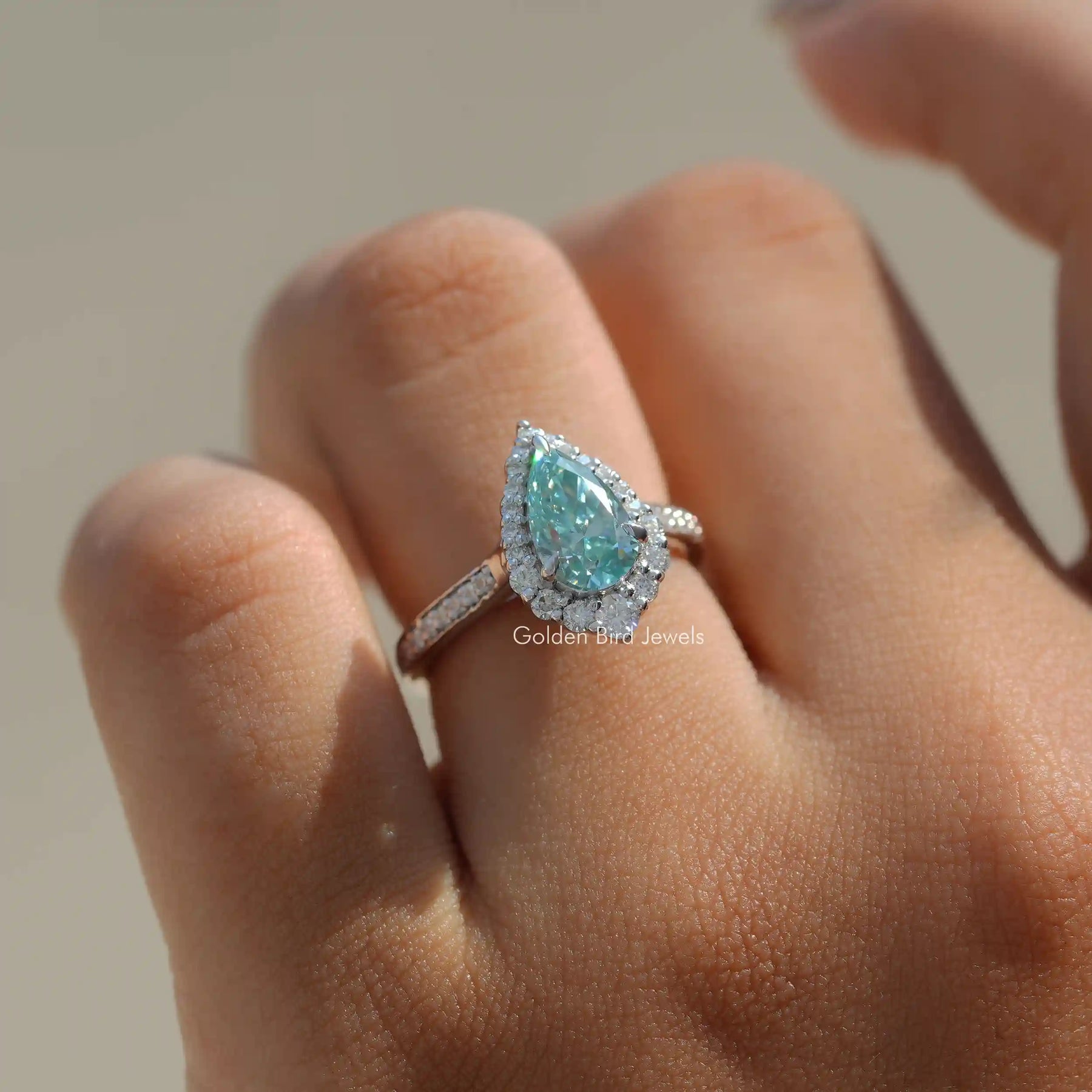 [Blue Pear Cut Moissanite Engagement Ring]-[Golden Bird Jewels]