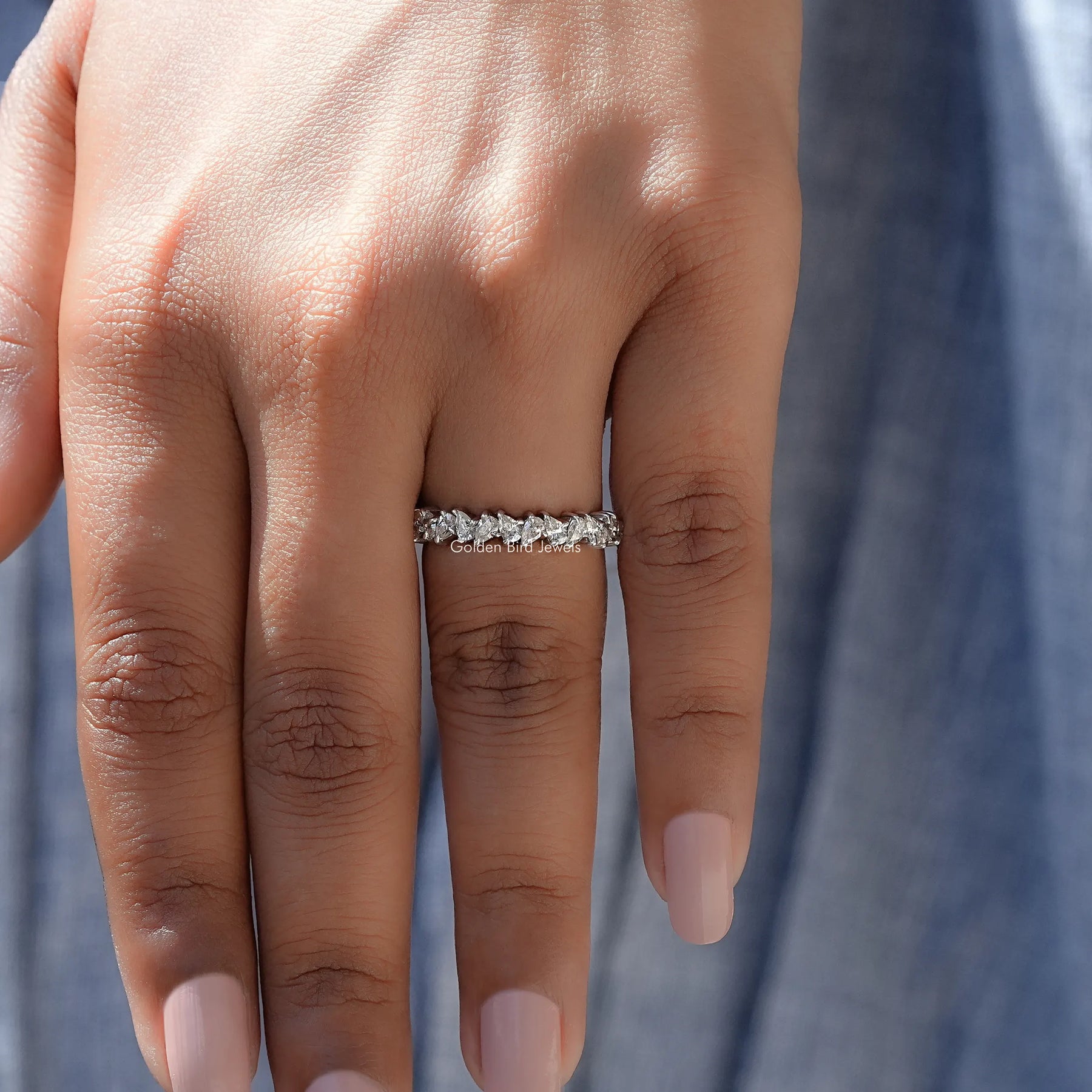 [14K White Gold Pear Shaped Moissanite Eternity Band]-[Golden Bird Jewels]