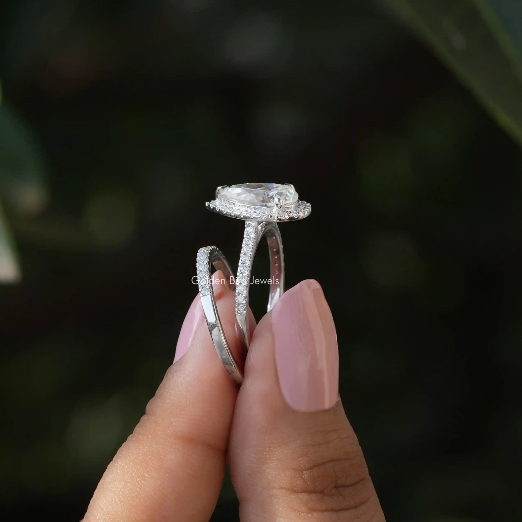 [Side view of pear halo moissanite halo wedding ring set]-[Golden Bird Jewels]