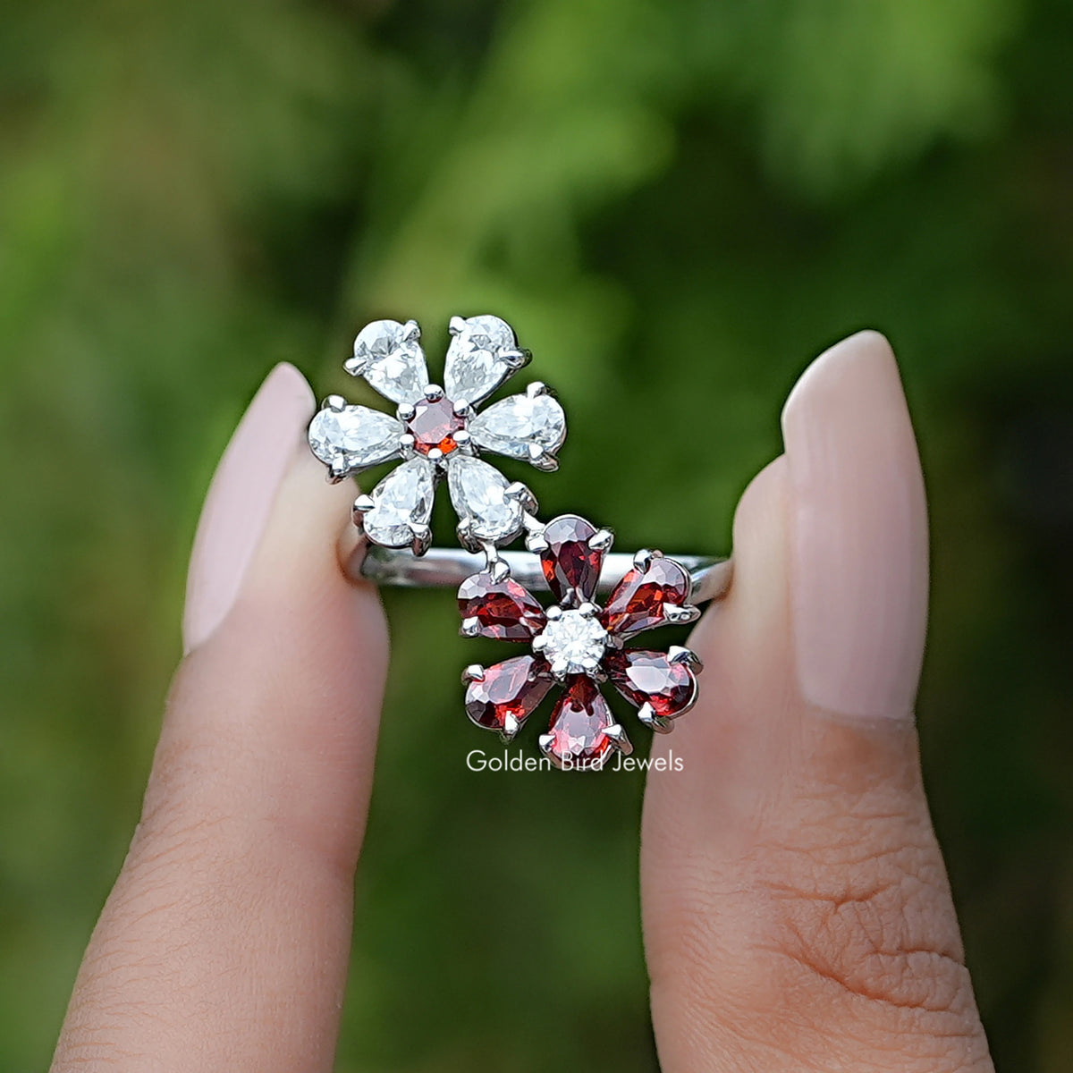 Front View of Pear Gemstone Flower Shape Cluster Bypass Ring In two Fingers