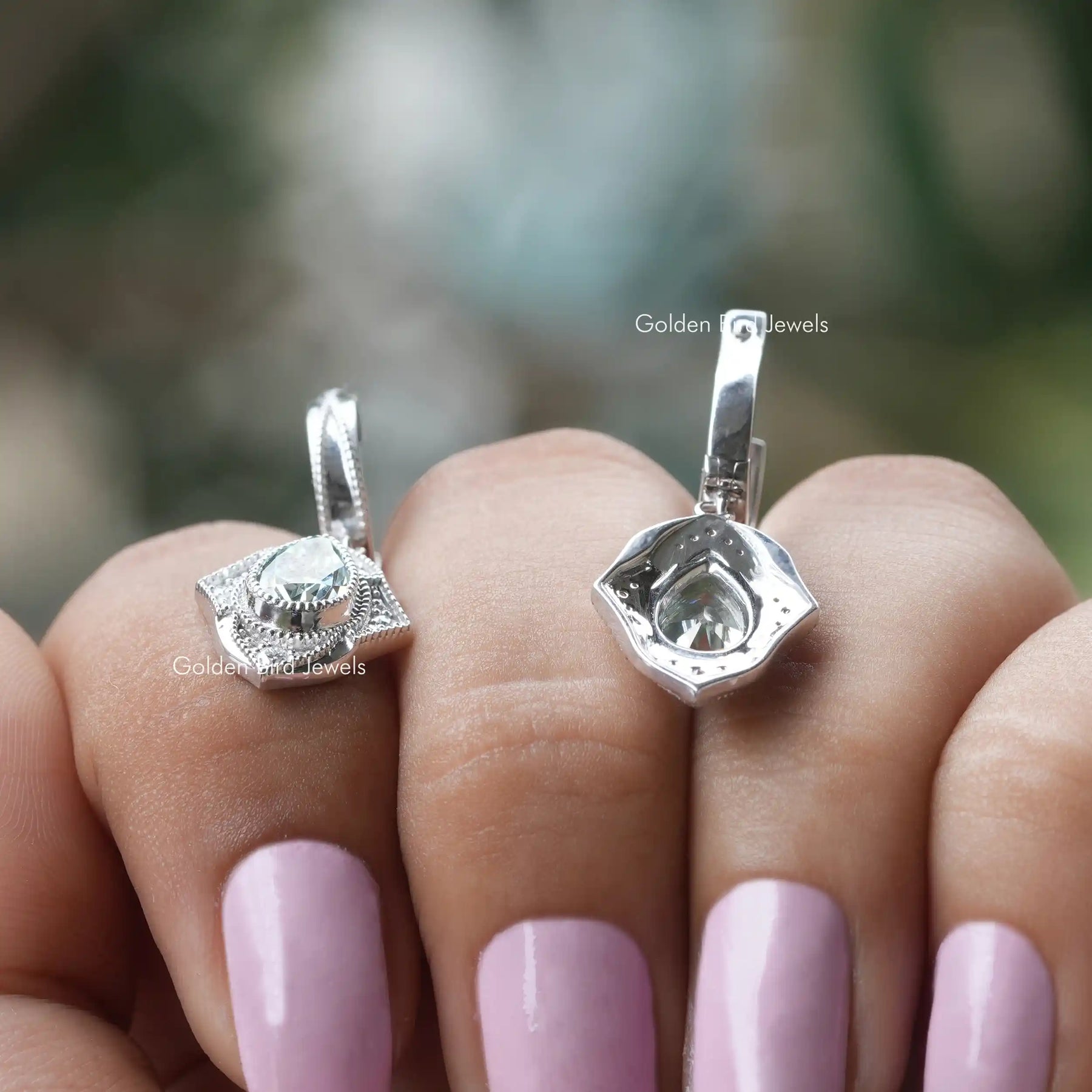 [Back view of pear cut moissanite dangle earrings made of white gold]-[Golden Bird Jewels]