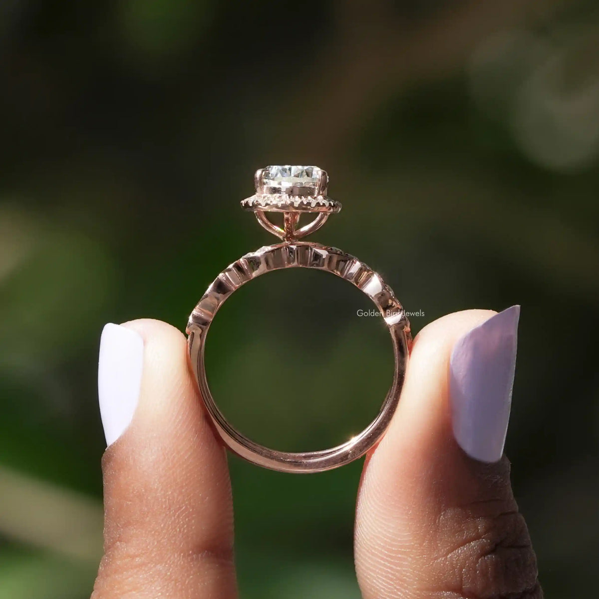 Back View of Pear  Cut Moissanite Ring Set In two fingers