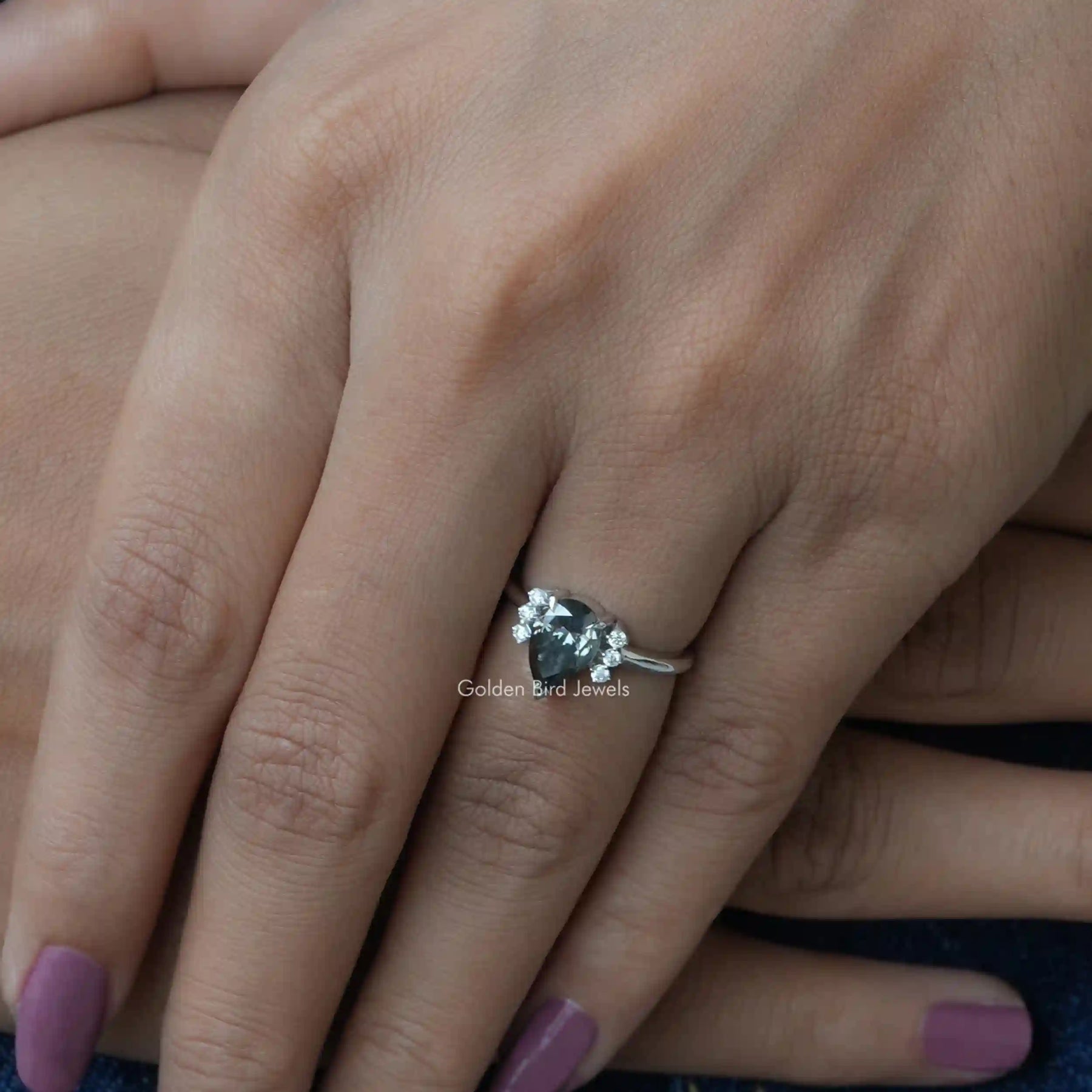 [In Finger Fancy Colored Moissanite Engagement Ring]-[Golden Bird Jewels]