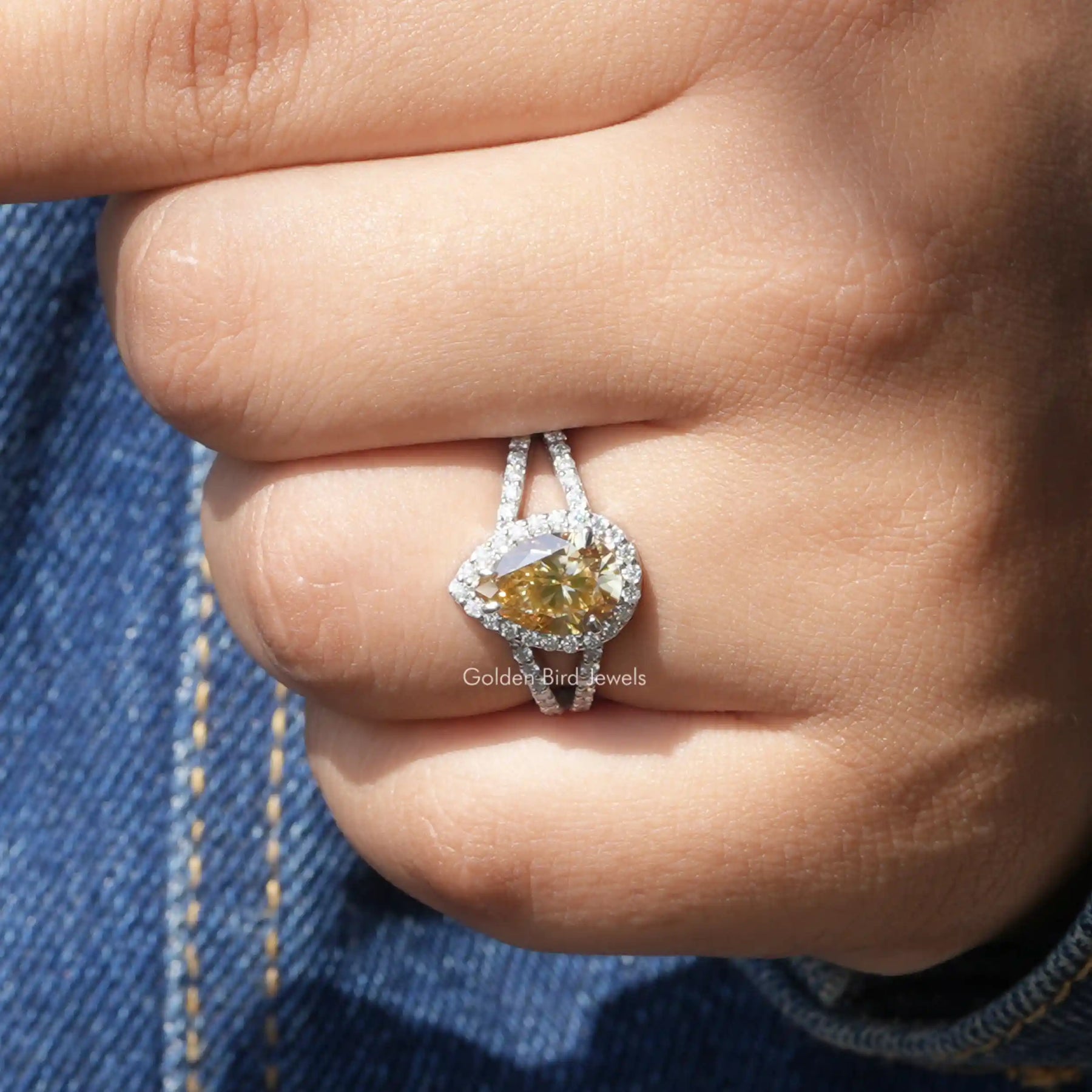 [Pear shaped moissanite halo engagement ring]-[Golden Bird Jewels]