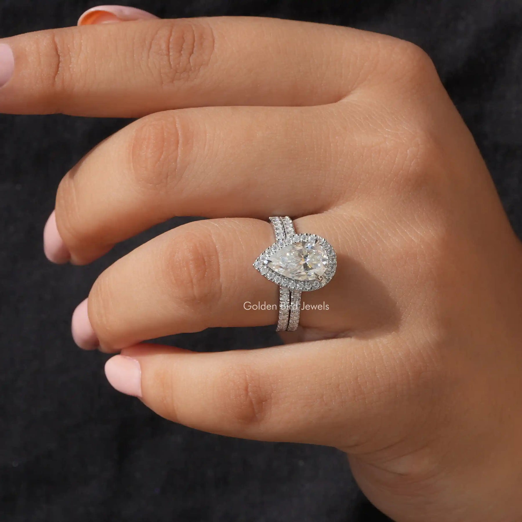 Pear Shaped Halo Engagement Ring With Wedding Band