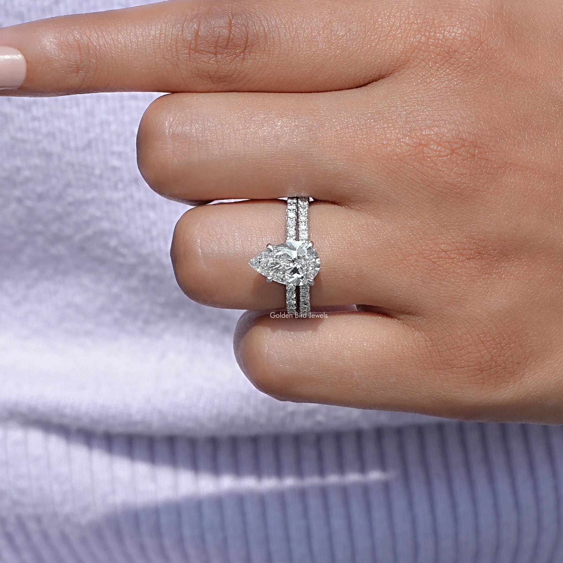 [Lab Diamond Pear Shaped Wedding Ring Set]-[Golden Bird Jewels]