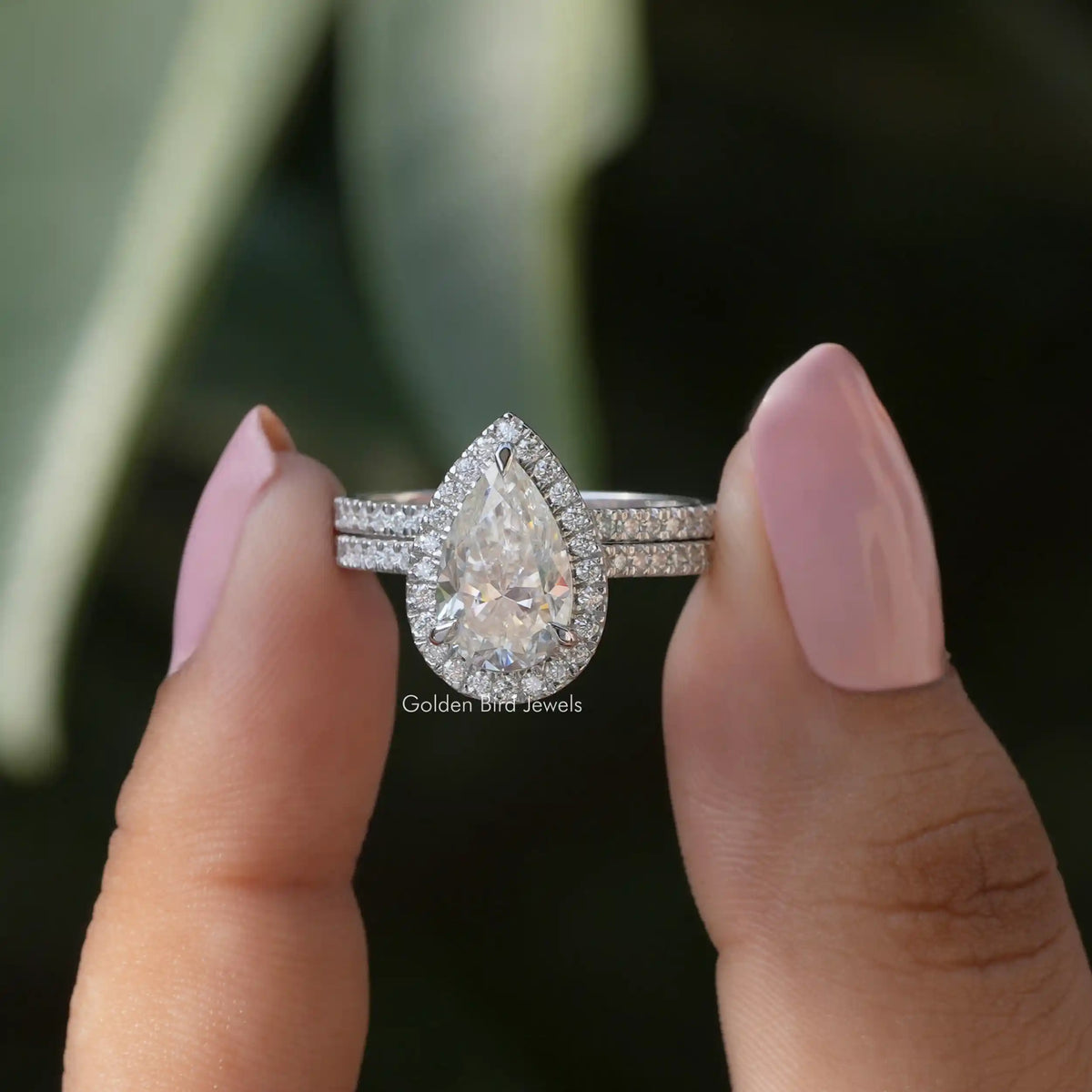 Front view of pear cut moissanite  bridal ring
