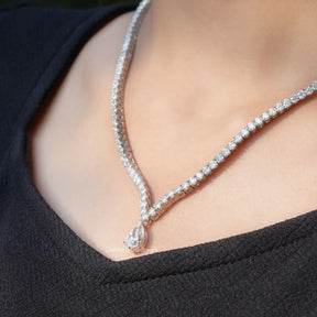 [In neck front view of pear shaped tennis necklace in 14k white gold]-[Golden Bird Jewels]