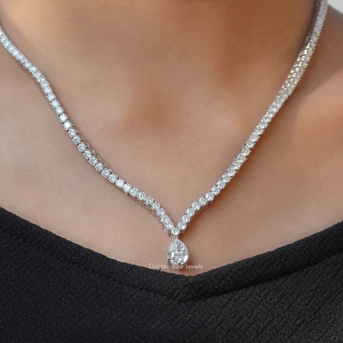[In neck front view of pear shaped tennis wedding necklace]-[Golden Bird Jewels]