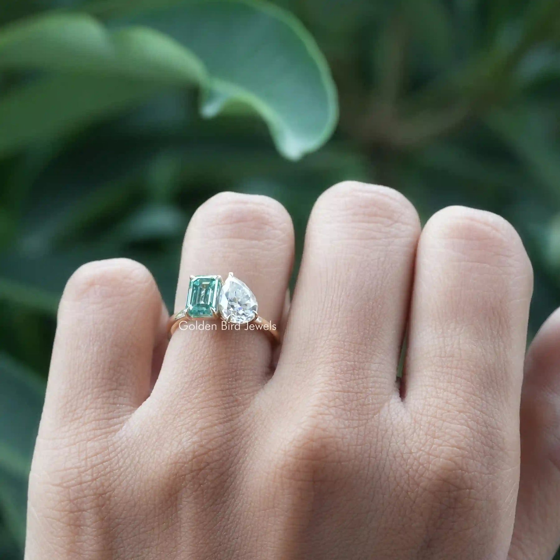 [In Finger a 1.20 CT Pear And Emerald Cut Moissanite Engagement Ring]-[Golden Bird Jewels]