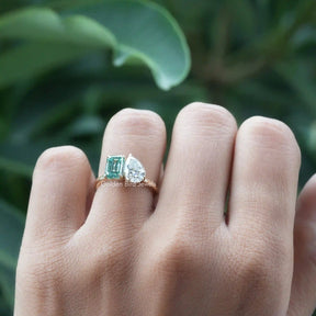 [In Finger a 1.20 CT Pear And Emerald Cut Moissanite Engagement Ring]-[Golden Bird Jewels]