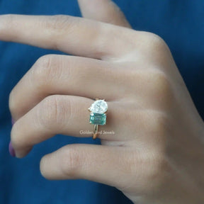 [Moissanite Emerald And Pear Cut Two Stone Ring]-[Golden Bird Jewels]