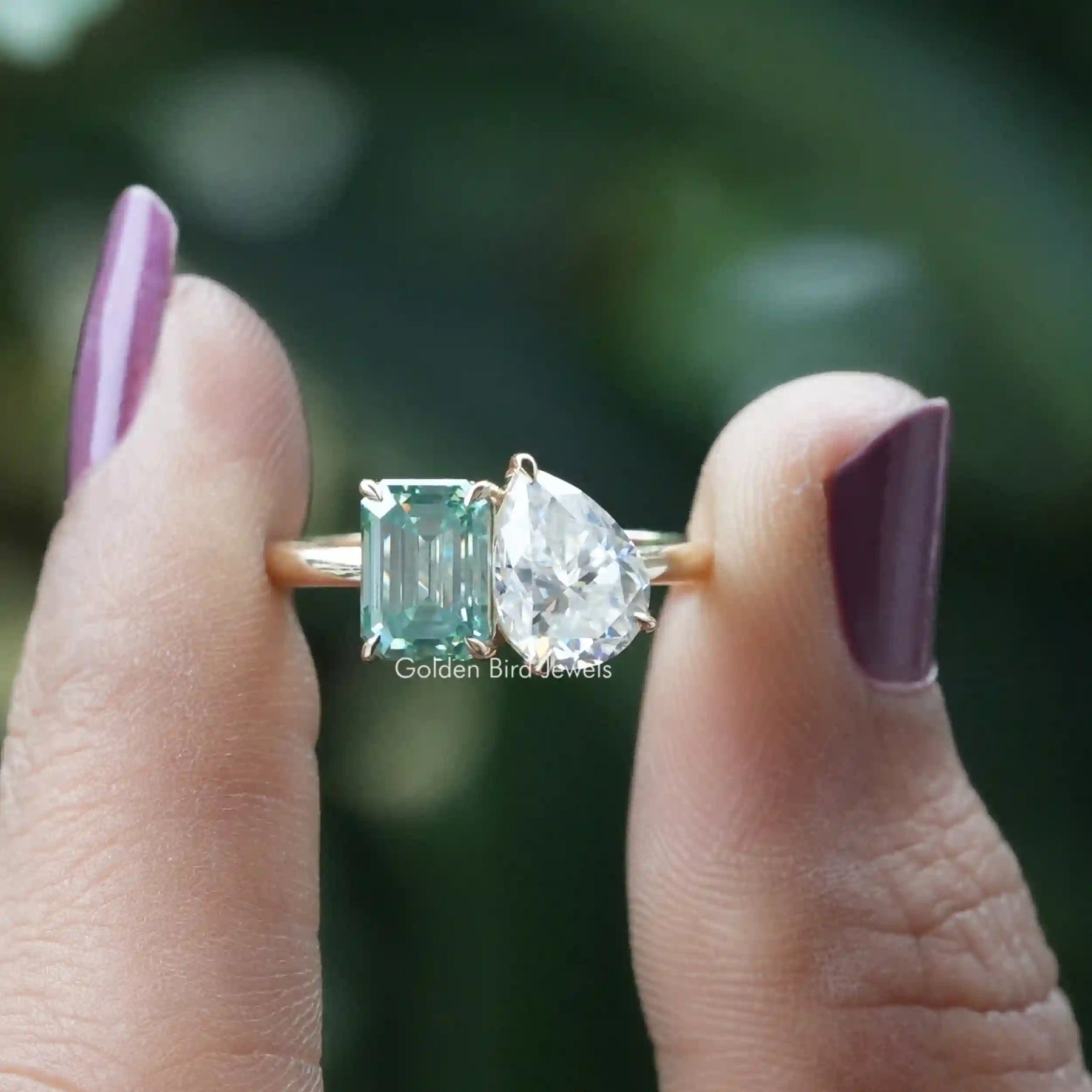 [Pear And Emerald Cut Two Stone Moissanite Ring]-[Golden Bird Jewels]