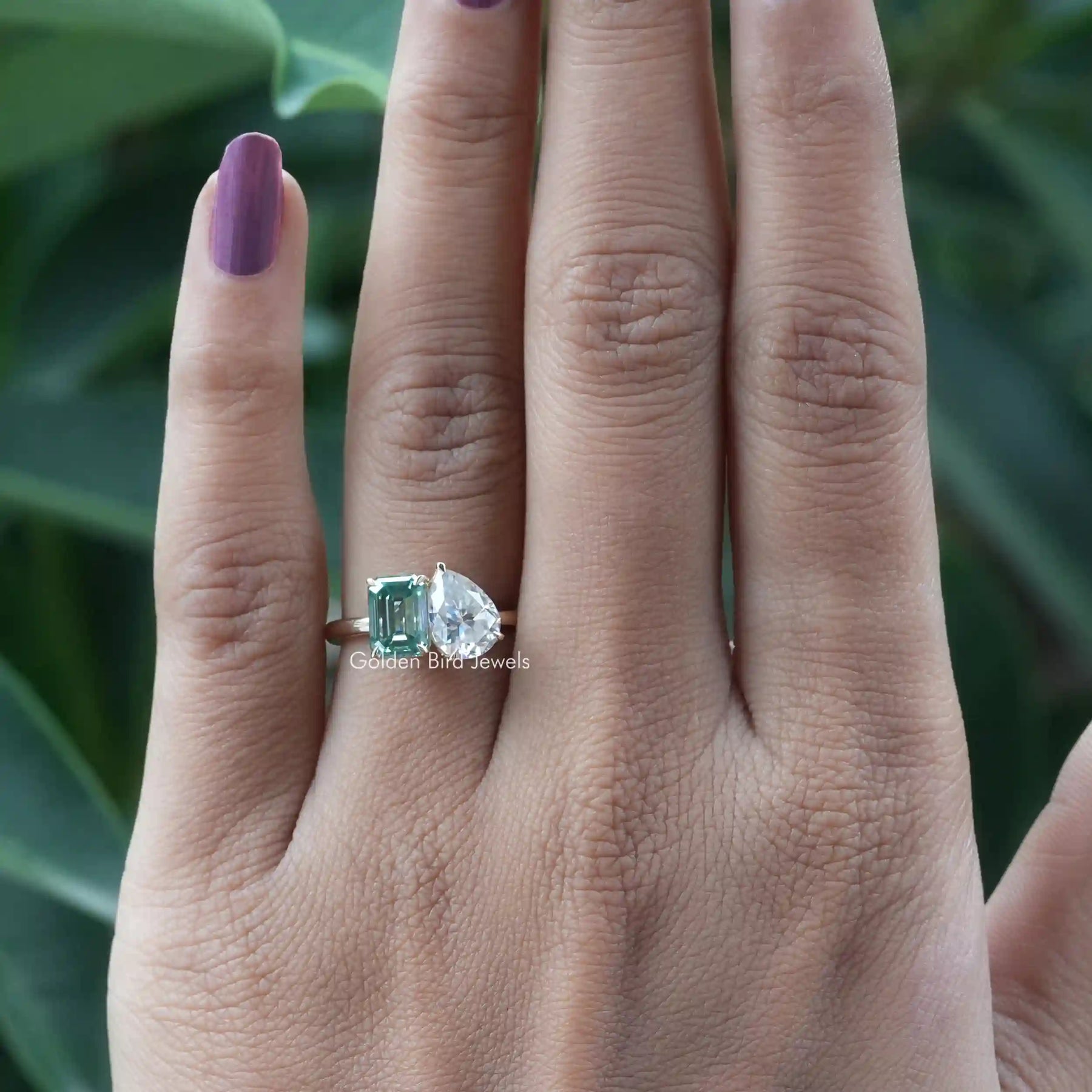 [Pear And Emerald Cut Toi Et Moi Moissanite Engagement Ring]-[Golden Bird Jewels]