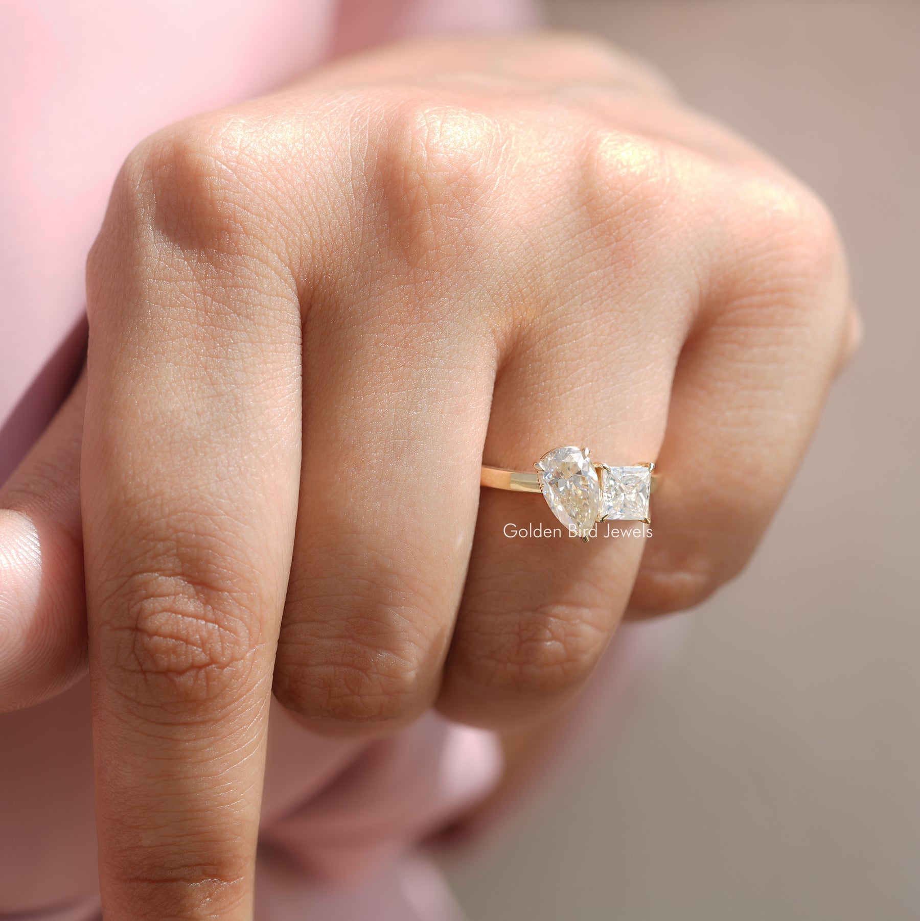 [In Finger Front View Of Colorless Moissanite Stone Toi Et Moi Engagement Ring]-[Golden Bird Jewels]