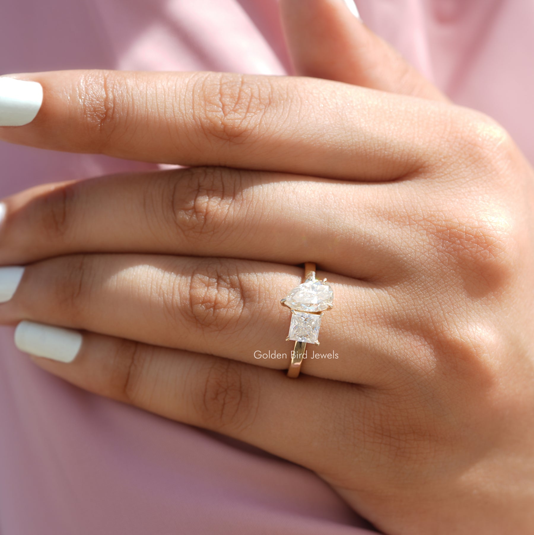 [In Finger a Moissanite Pear And Princess Cut Ring With Claw Prong Set]-[Golden Bird Jewels]
