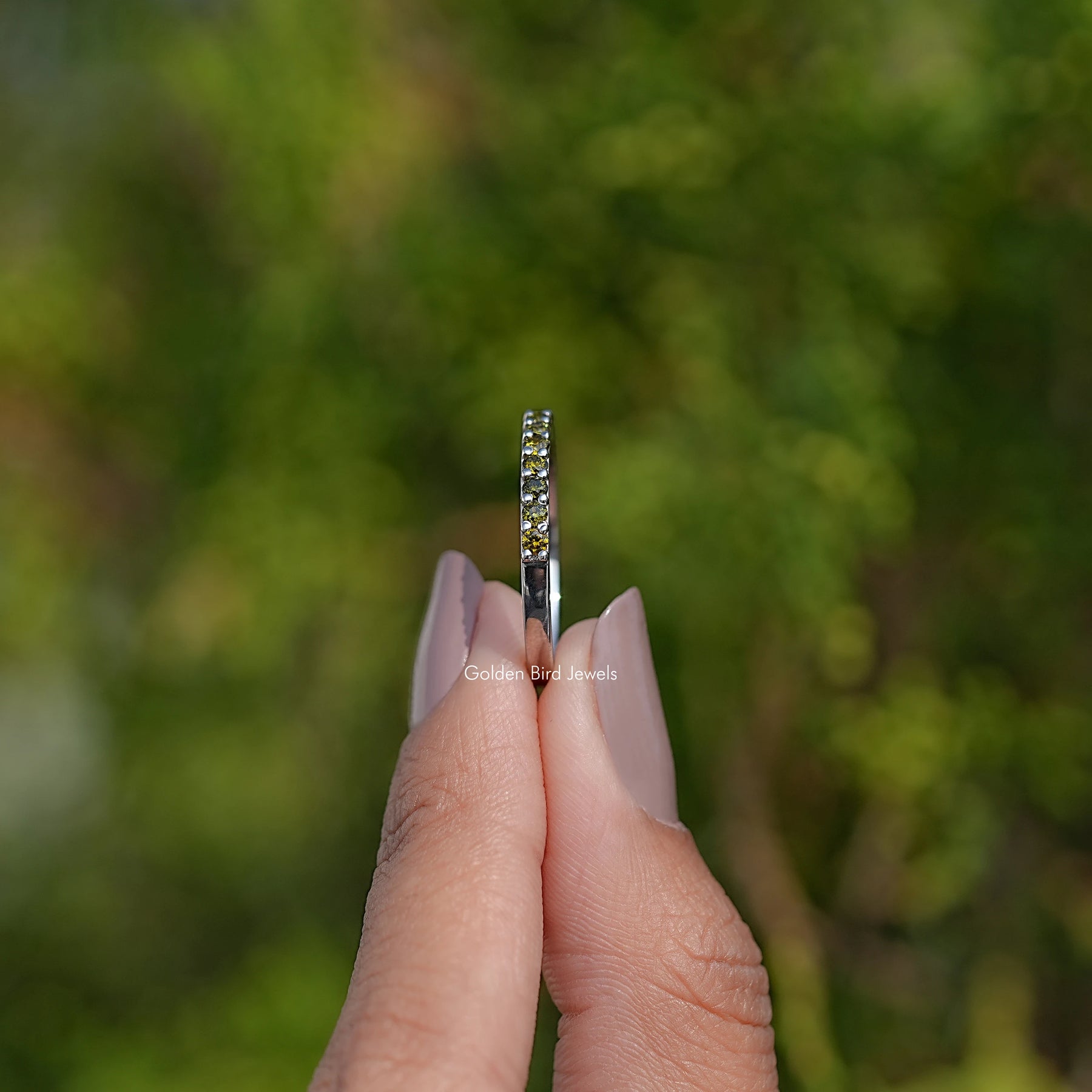 August Birthstone Peridot Green Round Eternity Band