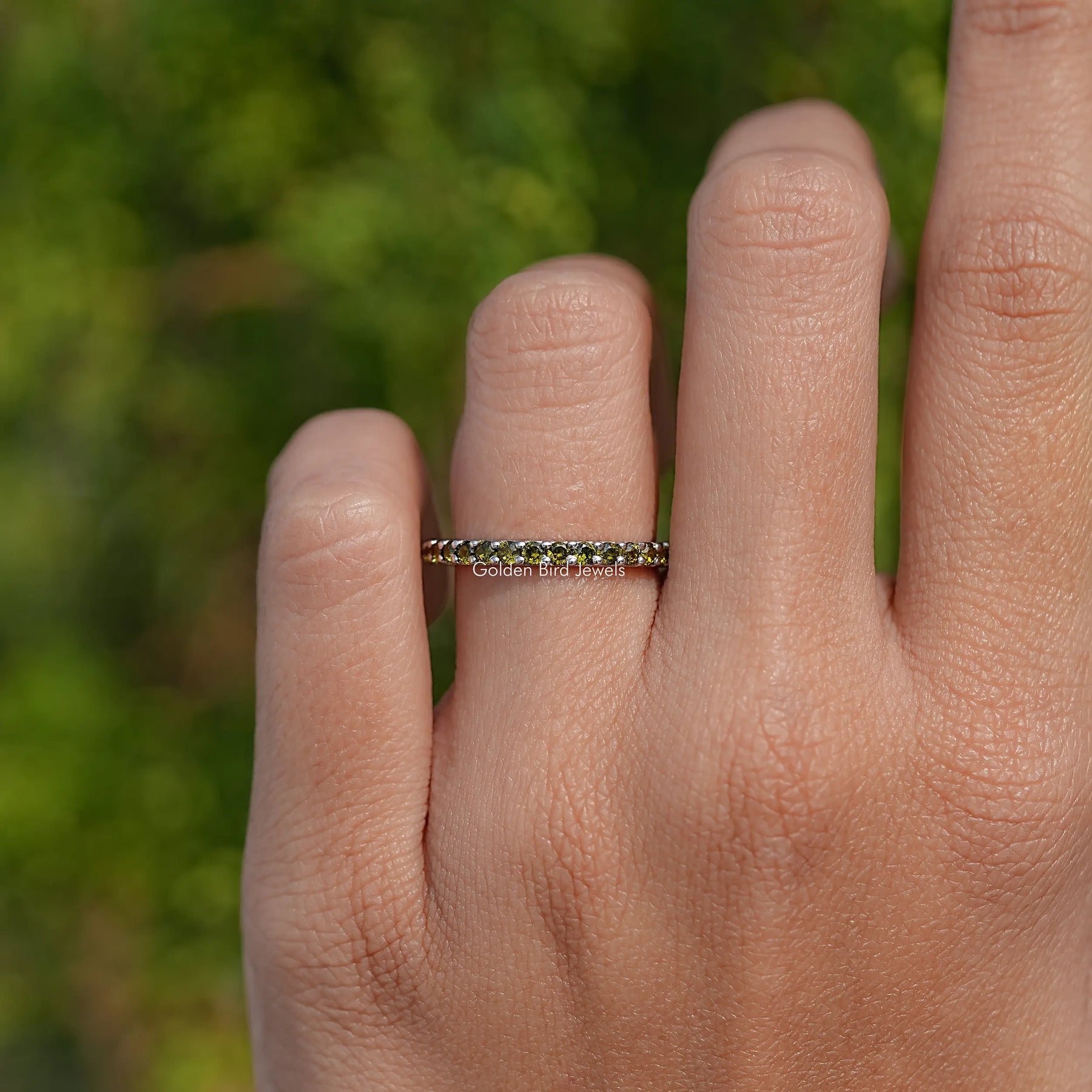 August Birthstone Peridot Green Round Eternity Band