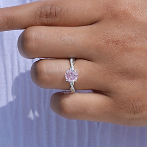 Detailed View of Pink Tourmaline Round Cut Gemstone Engagement Ring In White Gold