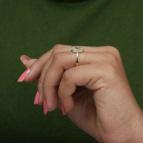 [In finger side view of portrait hexagon cut moissanite solitaire ring]-[Golden Bird Jewels]