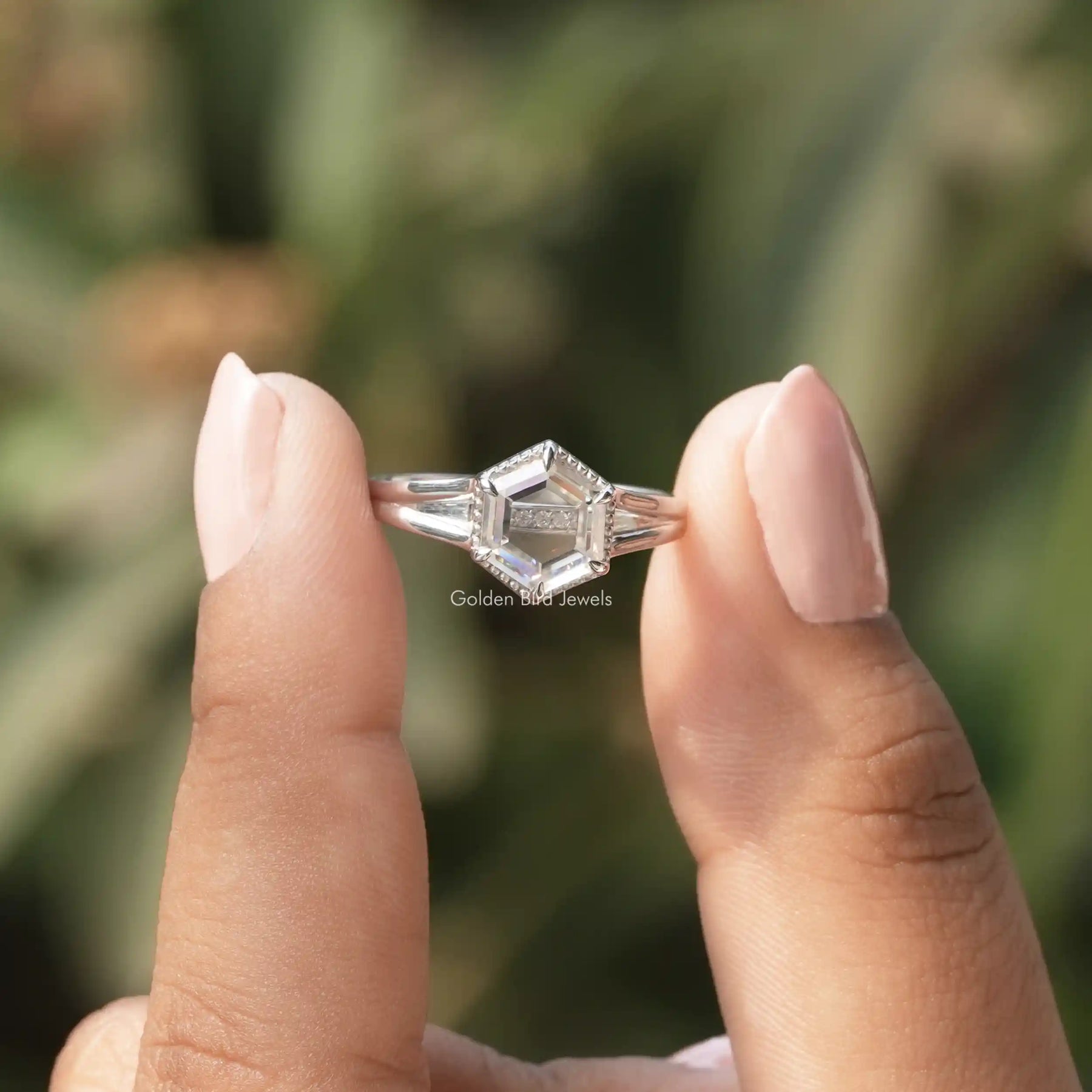 [In two finger front view portrait hexagon cut moissanite ring made of colorless color]-[Golden Bird Jewels]