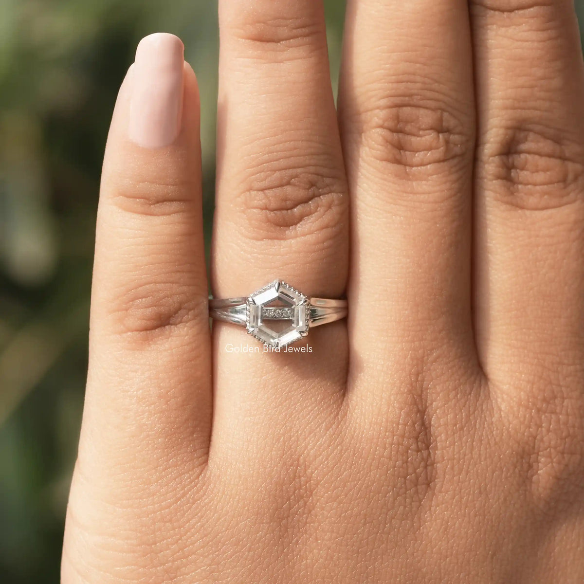 [In finger front view  of portrait hexagon cut solitaire ring in 14k white gold]-[Golden Bird Jewels]