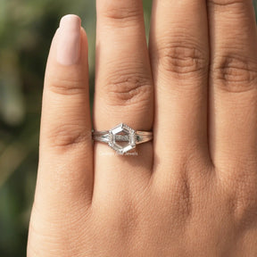 [In finger front view  of portrait hexagon cut solitaire ring in 14k white gold]-[Golden Bird Jewels]