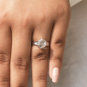 Close-Up View of Portrait Hexagon Cut Moissanite Ring In White Gold
