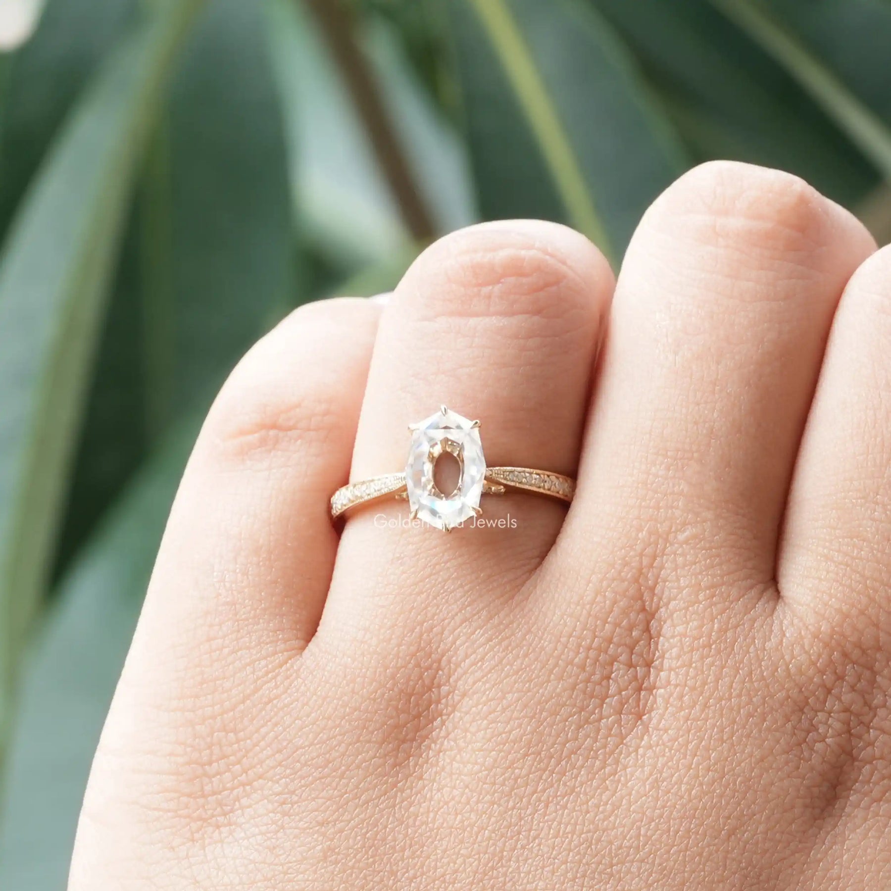 [Portrait hexagon hidden halo moissanite ring]-[Golden Bird Jewels]