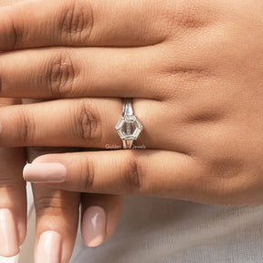 Portrait Hexagon Cut Solitaire Ring In finger