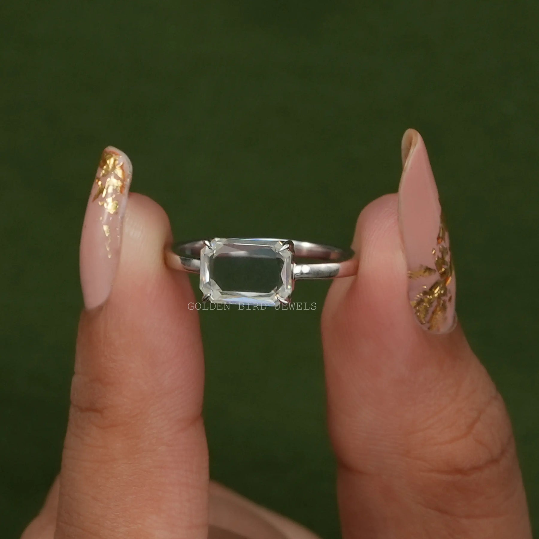 [Front view of portrait cut radiant cut solitaire ring made of white gold]-[Golden Bird Jewels]